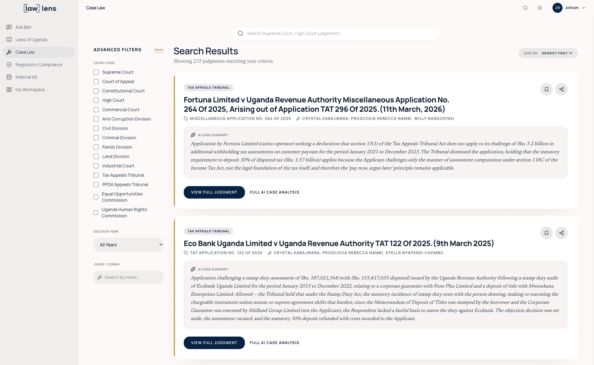 Case Law search with AI case summaries, court filters, and judgment cards