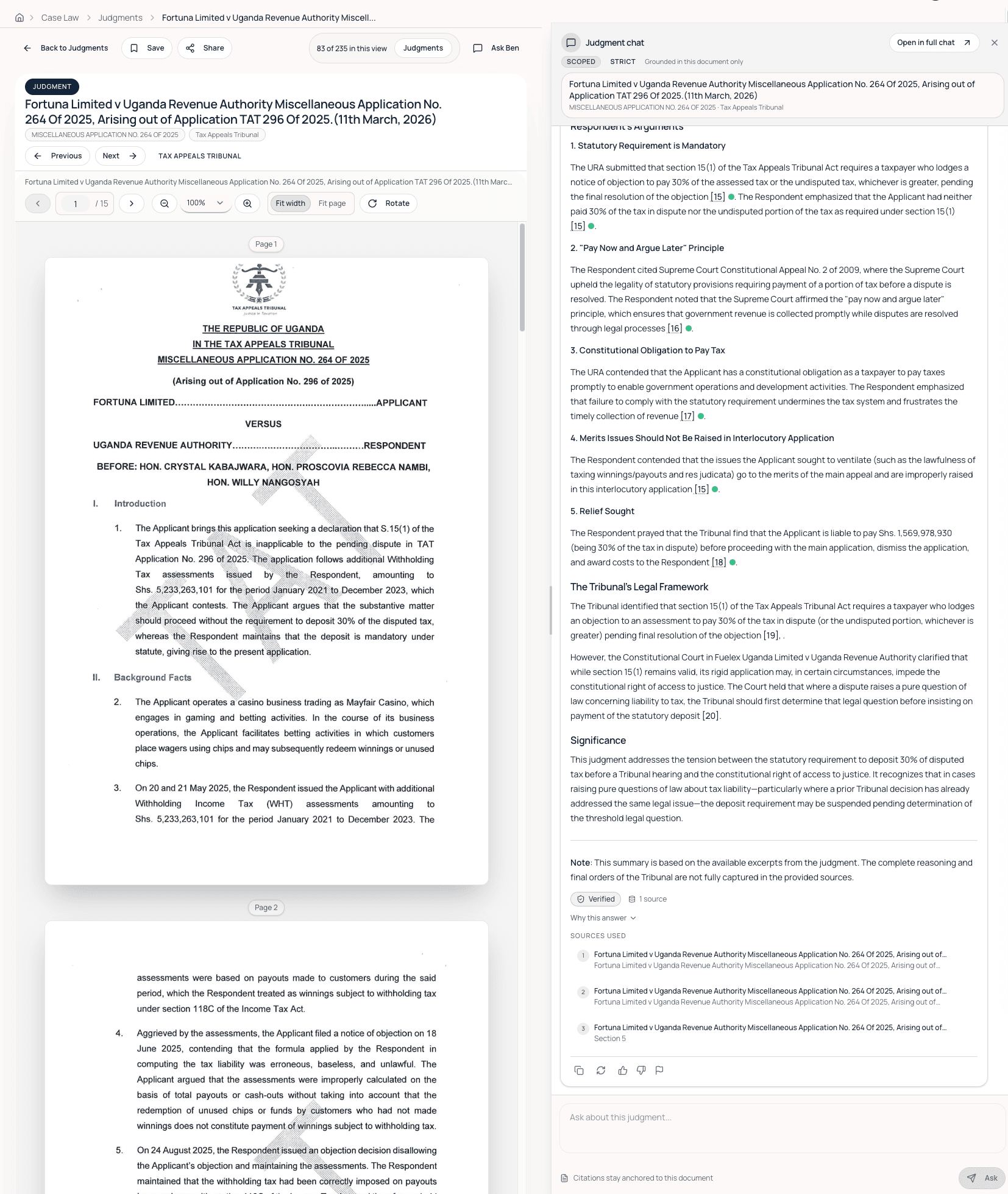 Judgment analysis with PDF viewer, grounded AI summary, and verified citation sources